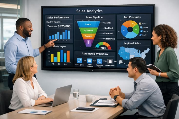 Compliance team reviewing performance and regional analytics on a boardroom screen