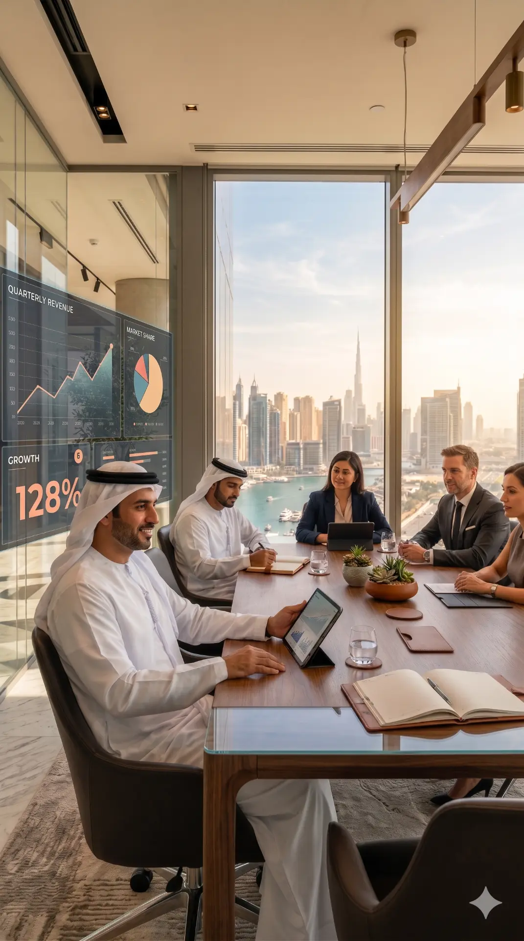 TrustIQ consultants briefing executives in a Dubai boardroom overlooking the Burj Khalifa