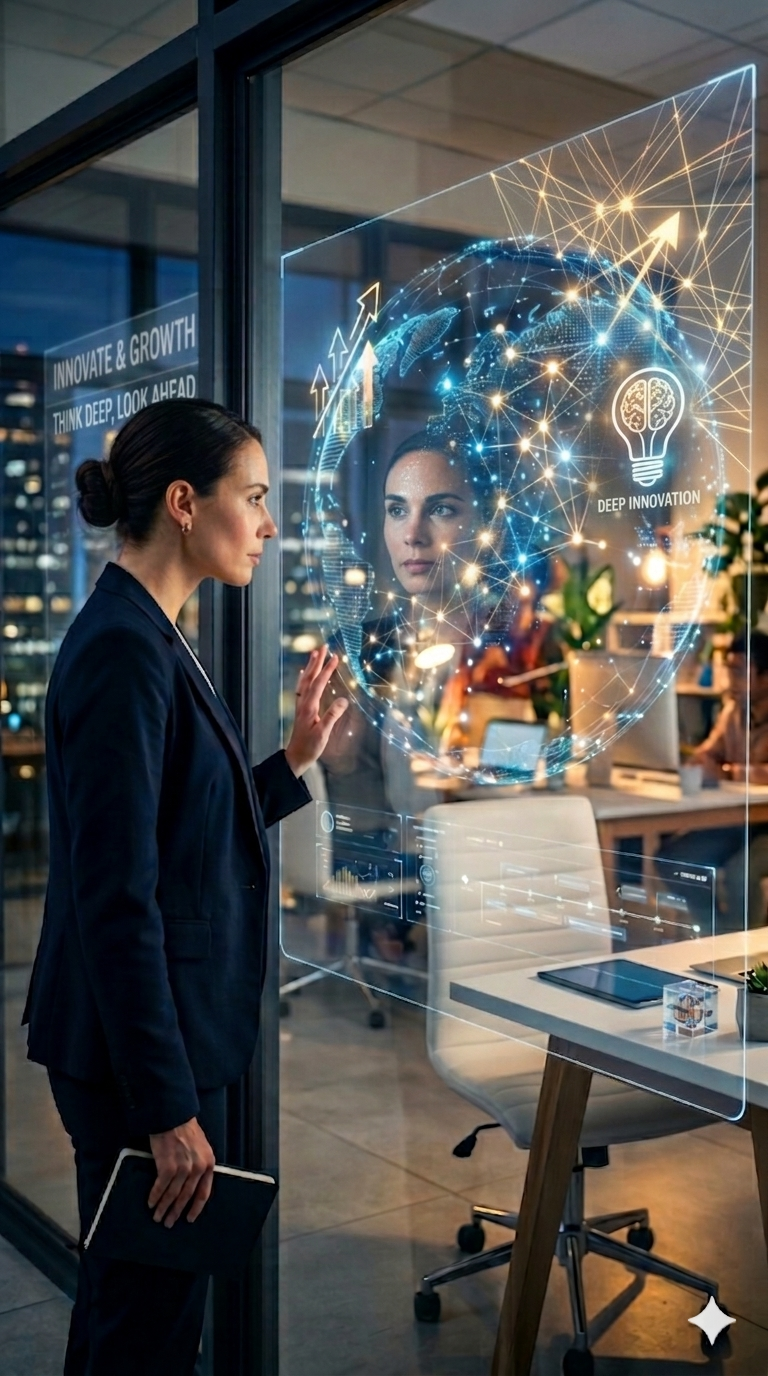 Consultant studying a glowing digital globe and her reflection on a glass display panel