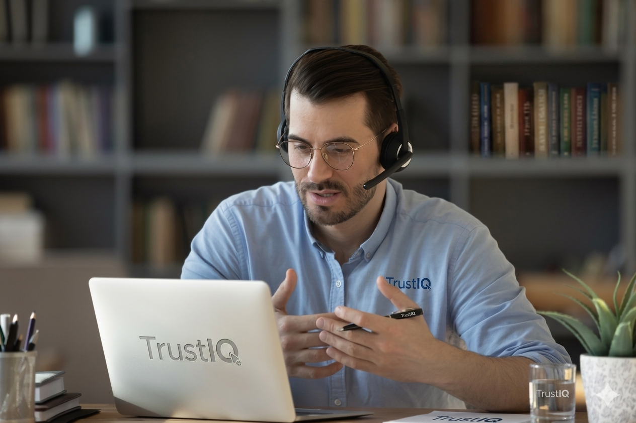 Consultant on a video call with a client using a headset